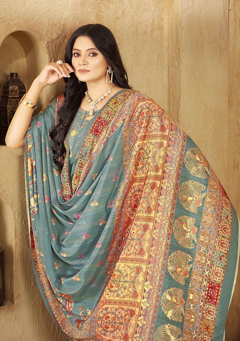 Aqua Green Designer Position Digital Foil Printed Crepe Silk Saree Set