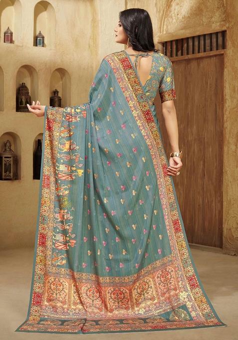 Aqua Green Designer Position Digital Foil Printed Crepe Silk Saree Set