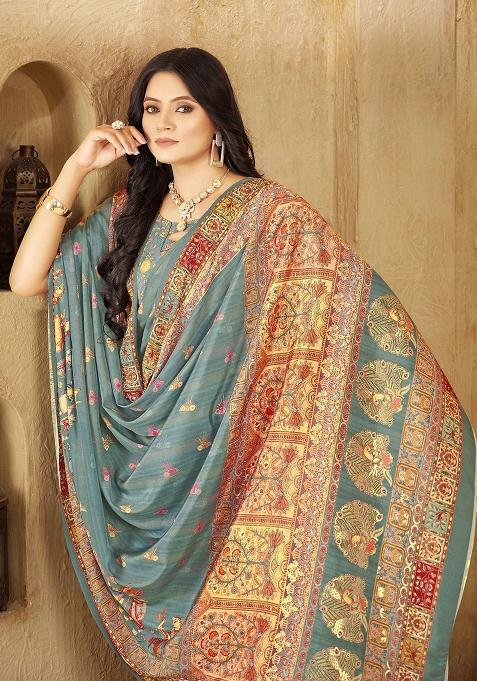 Aqua Green Designer Position Digital Foil Printed Crepe Silk Saree Set