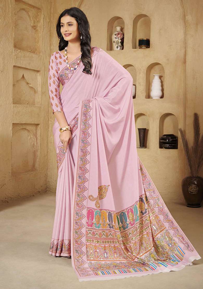 Baby Pink Designer Position Digital Foil Printed Crepe Silk Saree Set - Indya