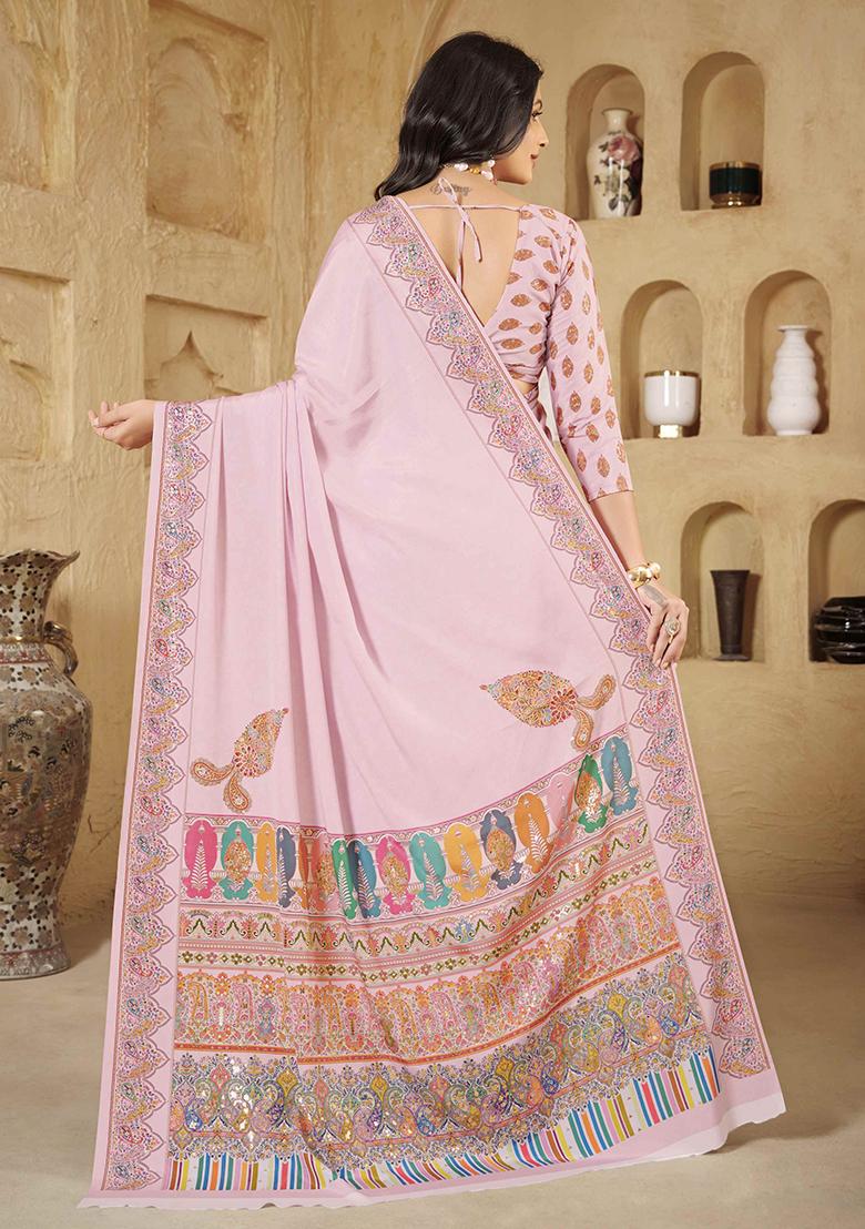 Baby Pink Designer Position Digital Foil Printed Crepe Silk Saree Set