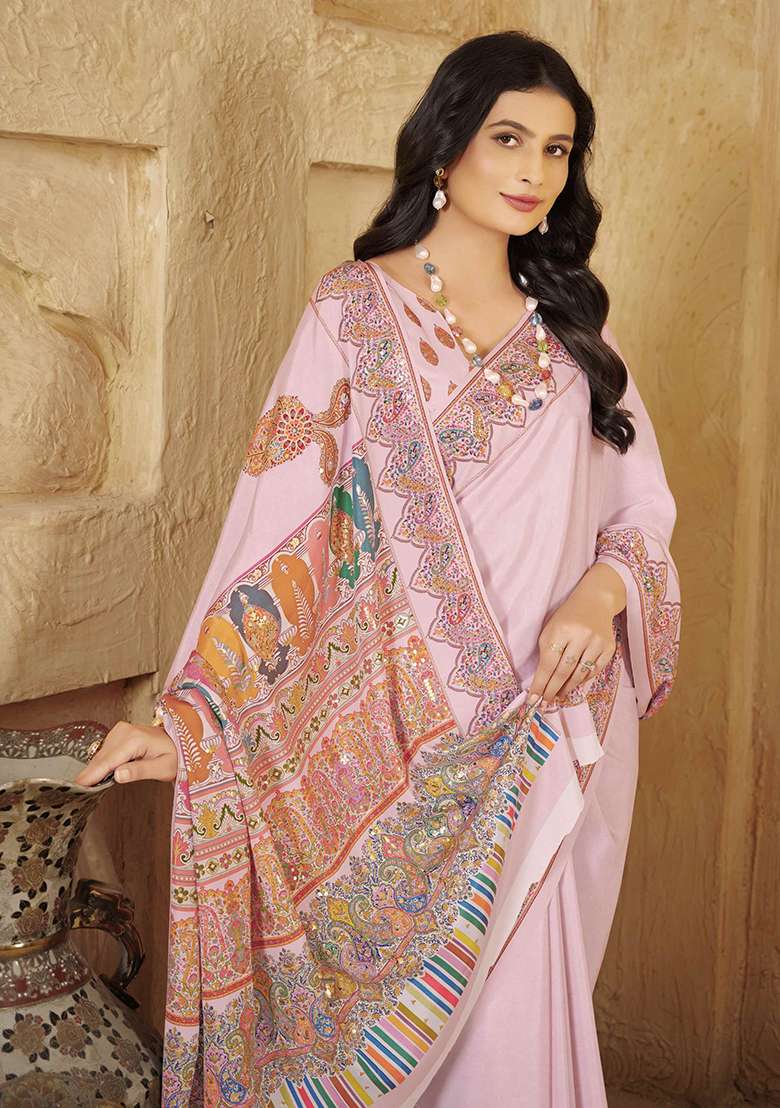 Baby Pink Designer Position Digital Foil Printed Crepe Silk Saree Set - Indya