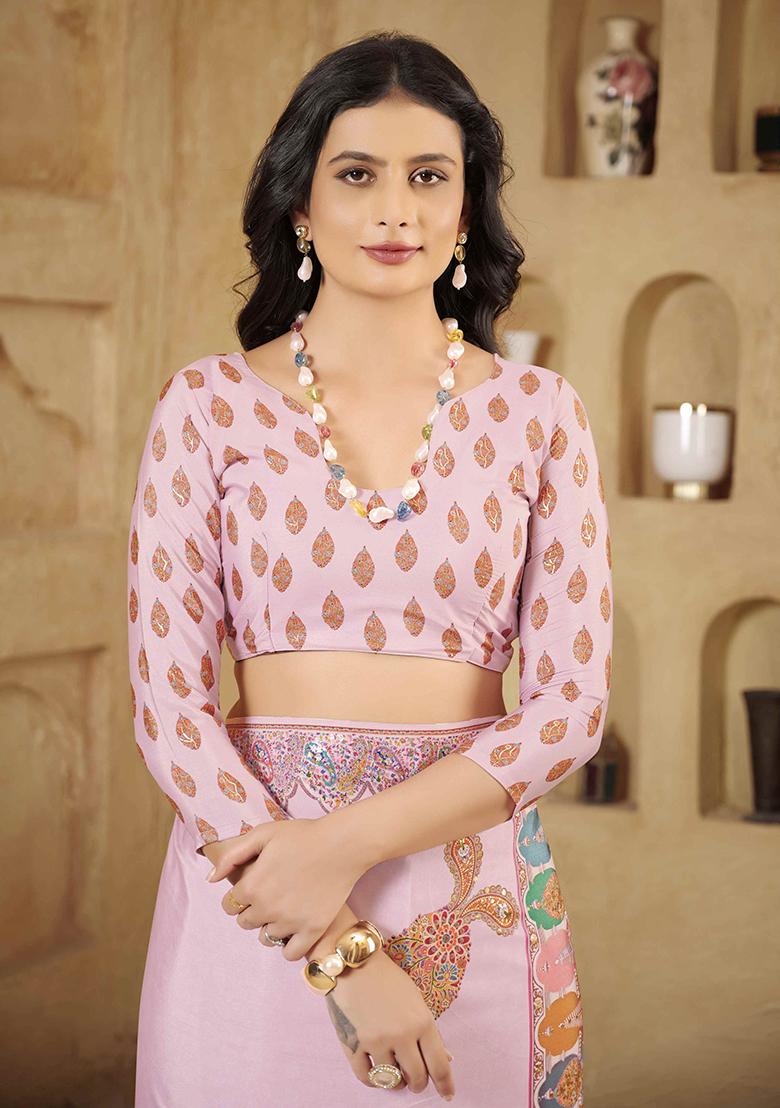 Baby Pink Designer Position Digital Foil Printed Crepe Silk Saree Set