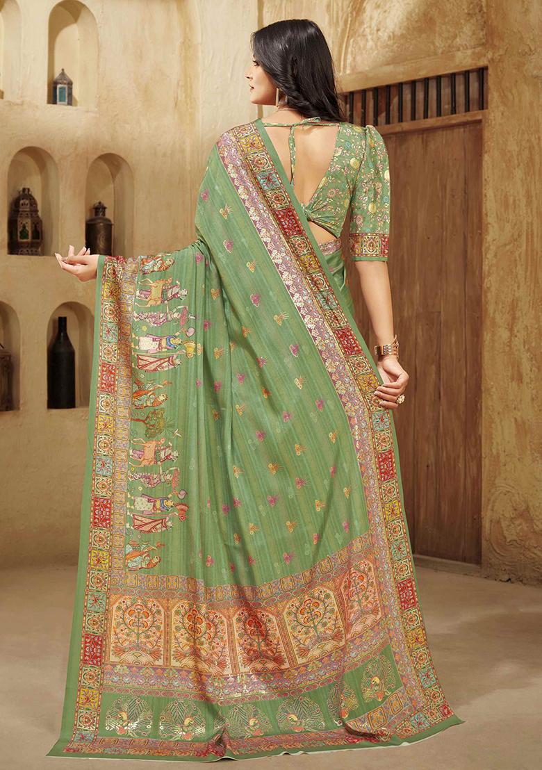 Grass Green Designer Position Digital Foil Printed Crepe Silk Saree Set