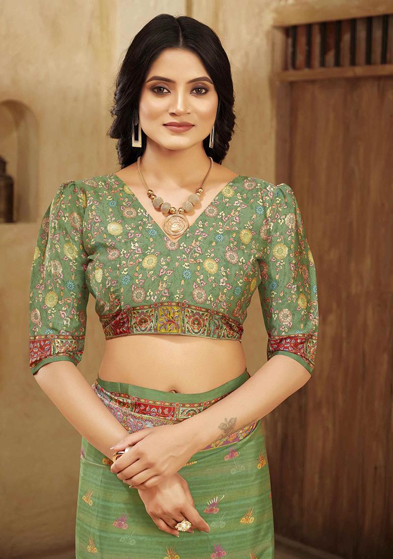 Grass Green Designer Position Digital Foil Printed Crepe Silk Saree Set