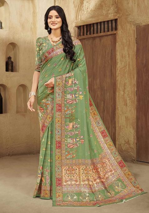 Grass Green Designer Position Digital Foil Printed Crepe Silk Saree Set