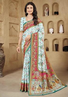 Sky Blue Designer Position Digital Foil Printed Crepe Silk Saree Set