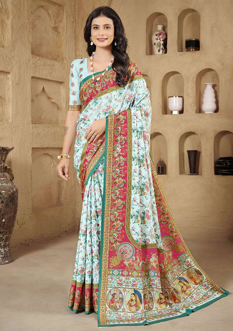 Sky Blue Designer Position Digital Foil Printed Crepe Silk Saree Set - Indya