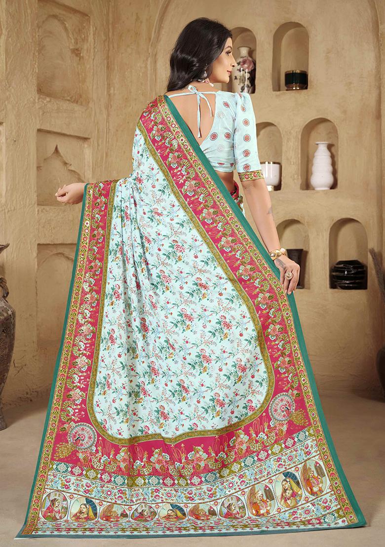 Sky Blue Designer Position Digital Foil Printed Crepe Silk Saree Set