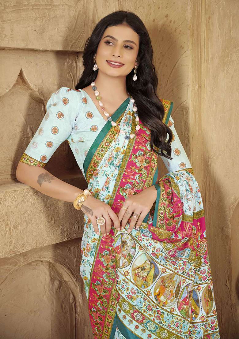 Sky Blue Designer Position Digital Foil Printed Crepe Silk Saree Set - Indya