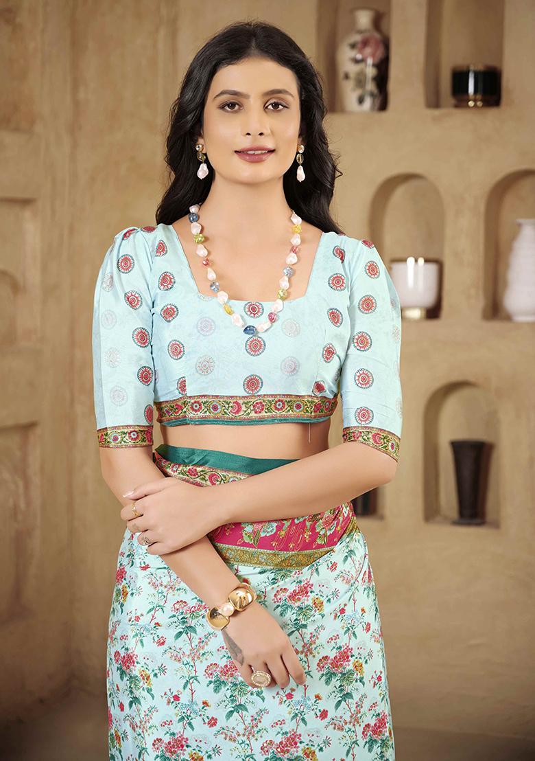 Sky Blue Designer Position Digital Foil Printed Crepe Silk Saree Set