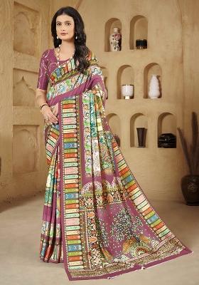 Magenta Designer Position Digital Foil Printed Crepe Silk Saree Set