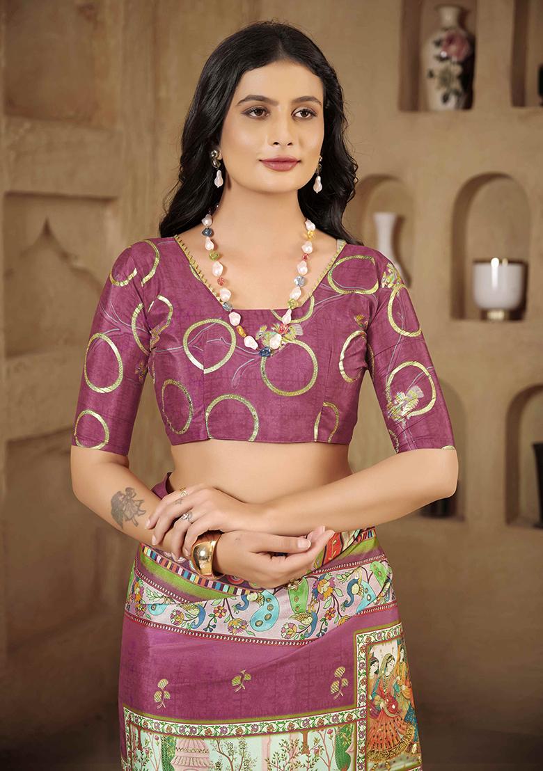 Magenta Designer Position Digital Foil Printed Crepe Silk Saree Set