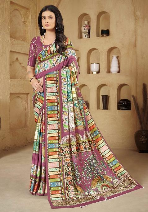 Magenta Designer Position Digital Foil Printed Crepe Silk Saree Set