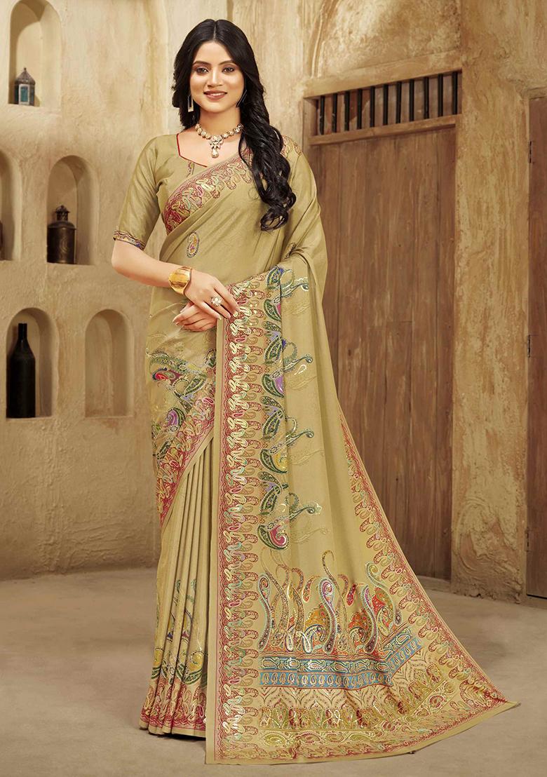 Beige Designer Position Digital Foil Printed Crepe Silk Saree Set