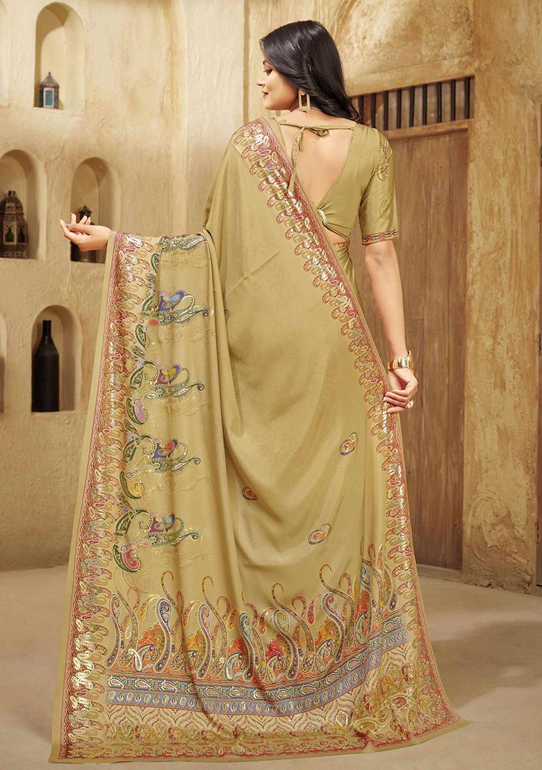 Beige Designer Position Digital Foil Printed Crepe Silk Saree Set