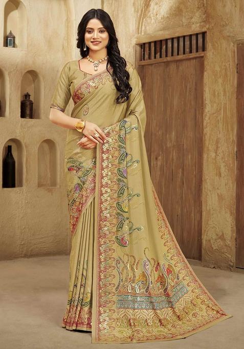 Beige Designer Position Digital Foil Printed Crepe Silk Saree Set