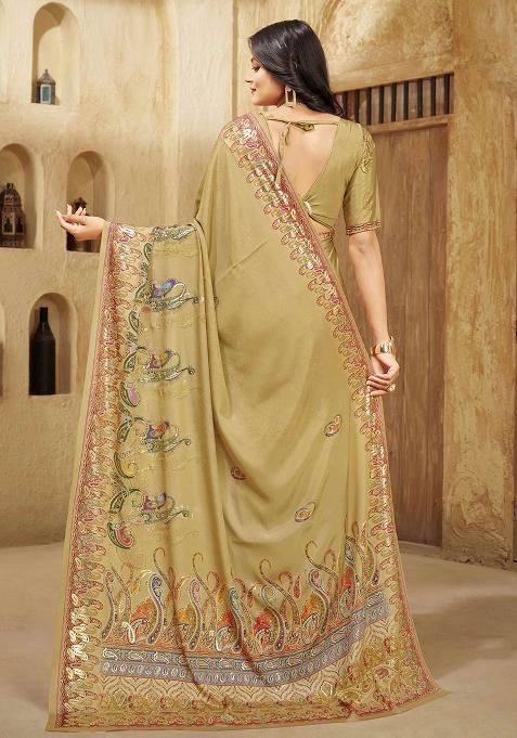 Beige Designer Position Digital Foil Printed Crepe Silk Saree Set