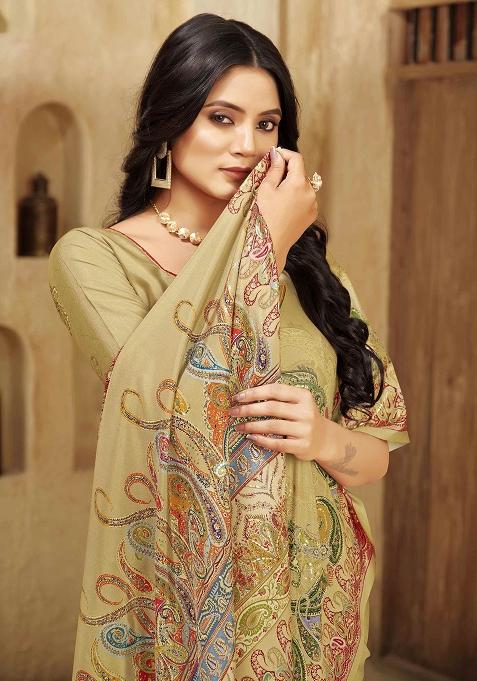 Beige Designer Position Digital Foil Printed Crepe Silk Saree Set