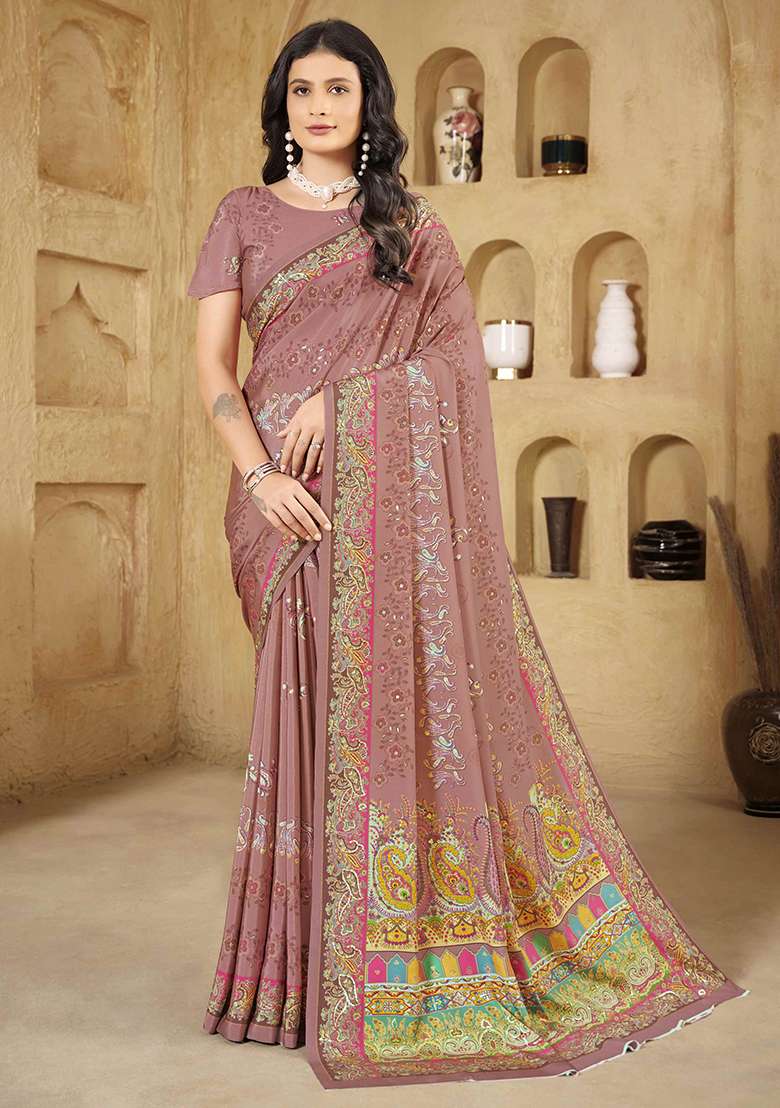 Brick Pink Designer Position Digital Foil Printed Crepe Silk Saree Set - Indya