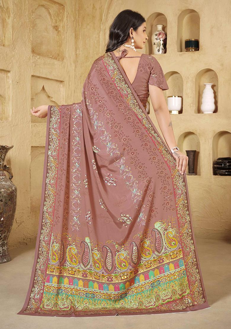 Brick Pink Designer Position Digital Foil Printed Crepe Silk Saree Set