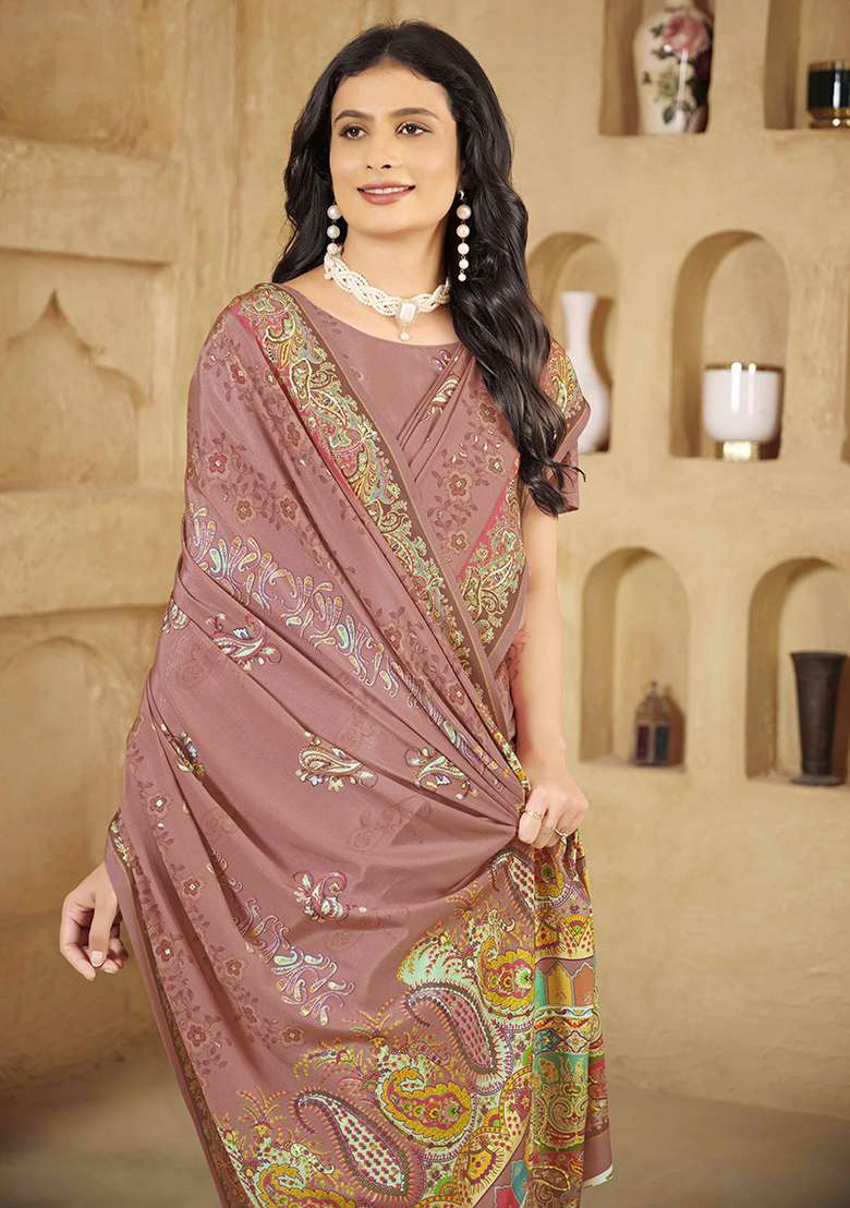 Brick Pink Designer Position Digital Foil Printed Crepe Silk Saree Set - Indya