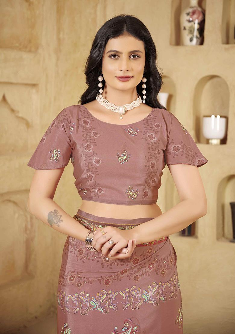 Brick Pink Designer Position Digital Foil Printed Crepe Silk Saree Set