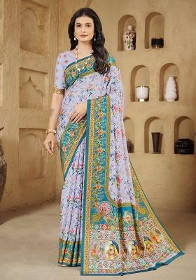 Lilac Designer Position Digital Foil Printed Crepe Silk Saree Set