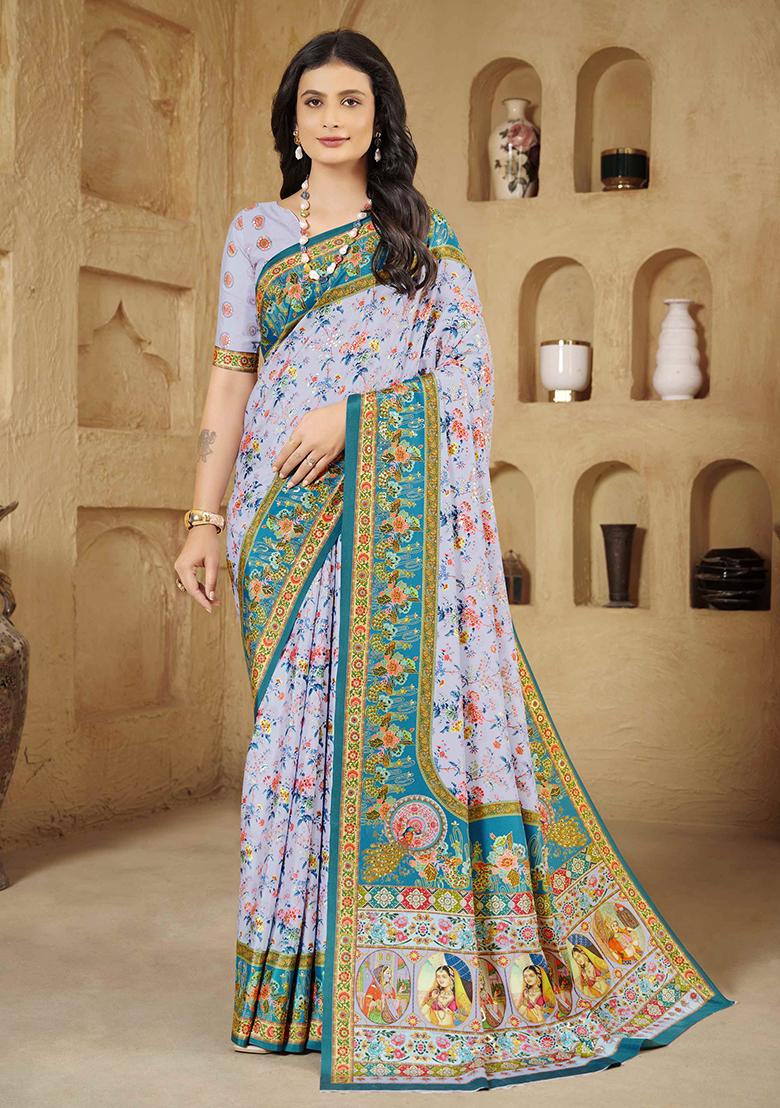 Lilac Designer Position Digital Foil Printed Crepe Silk Saree Set