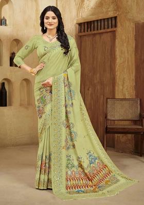 Olive Green Designer Position Digital Foil Printed Crepe Silk Saree Set