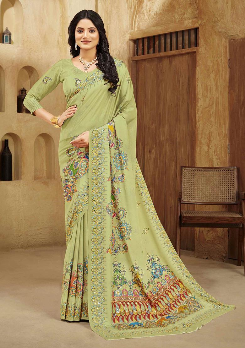 Olive Green Designer Position Digital Foil Printed Crepe Silk Saree Set