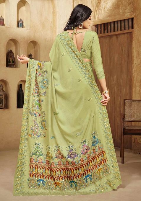 Olive Green Designer Position Digital Foil Printed Crepe Silk Saree Set