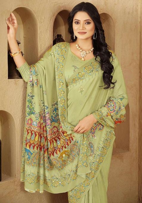 Olive Green Designer Position Digital Foil Printed Crepe Silk Saree Set