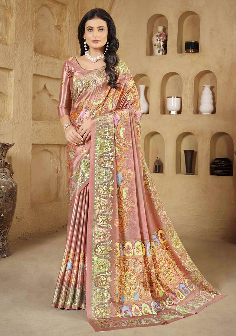 Midnight Pink Designer Position Digital Foil Printed Crepe Silk Saree Set - Indya