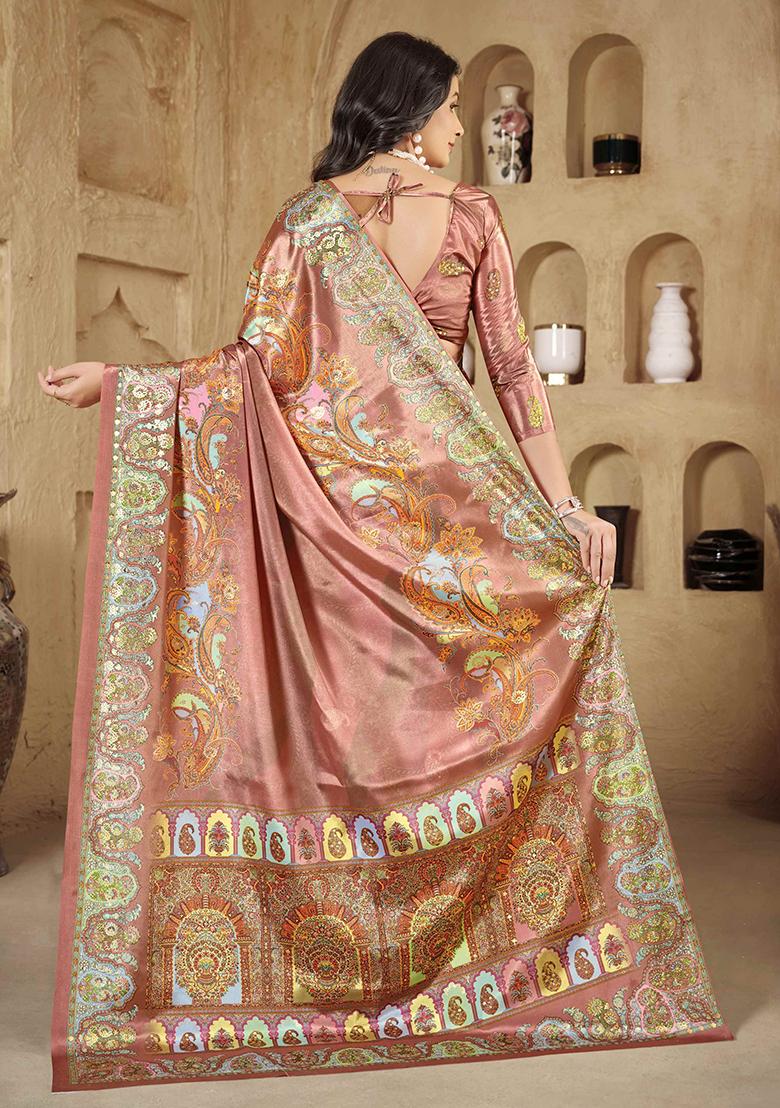 Midnight Pink Designer Position Digital Foil Printed Crepe Silk Saree Set