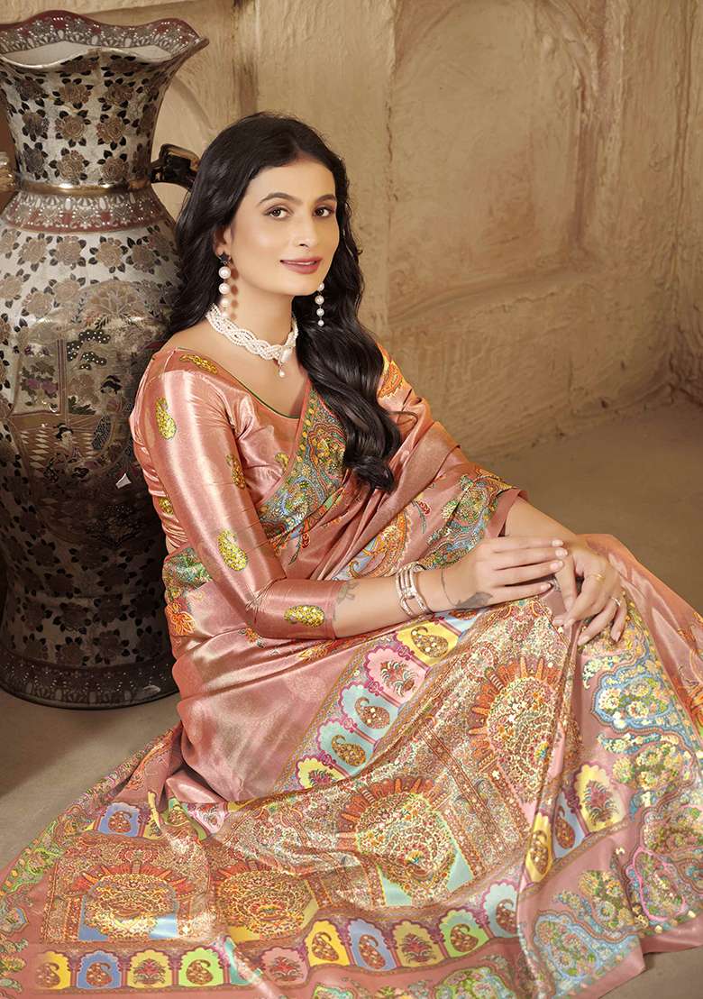 Midnight Pink Designer Position Digital Foil Printed Crepe Silk Saree Set - Indya