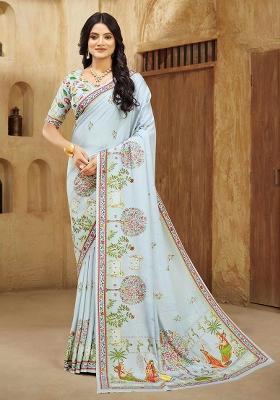 Bubble Gum Blue Designer Position Digital Foil Printed Crepe Silk Saree Set