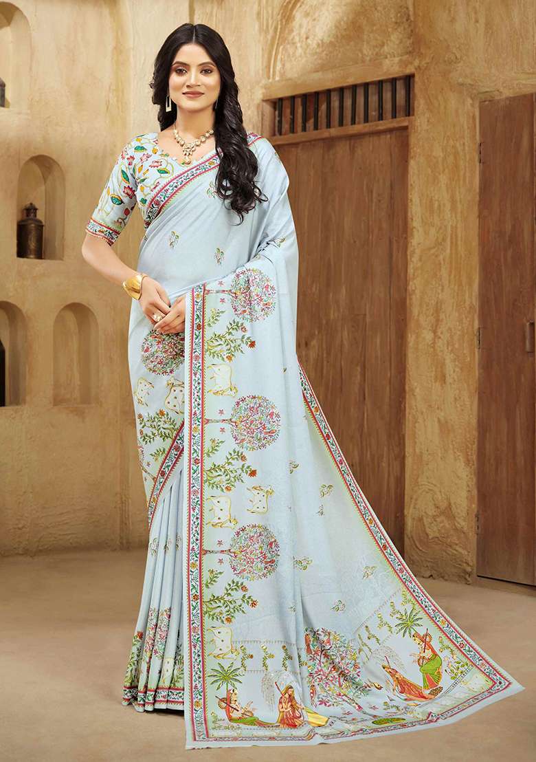 Bubble Gum Blue Designer Position Digital Foil Printed Crepe Silk Saree Set - Indya