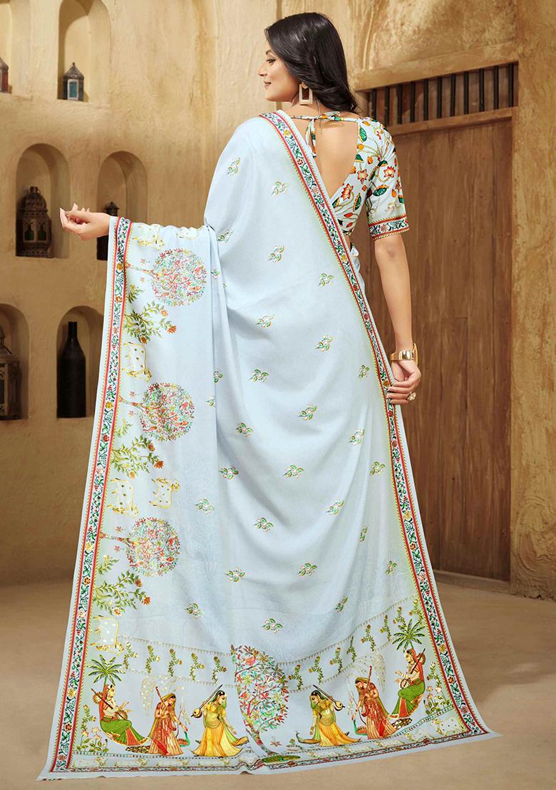 Bubble Gum Blue Designer Position Digital Foil Printed Crepe Silk Saree Set