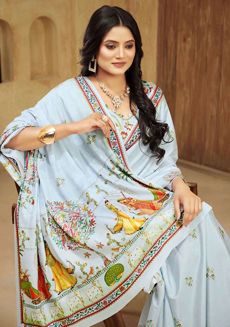 Bubble Gum Blue Designer Position Digital Foil Printed Crepe Silk Saree Set - Indya