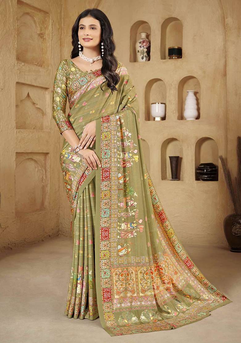Olive Designer Position Digital Foil Printed Crepe Silk Saree Set - Indya