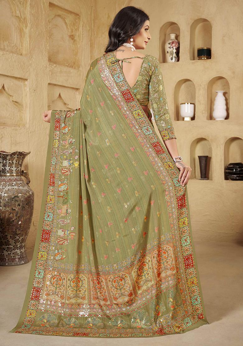 Olive Designer Position Digital Foil Printed Crepe Silk Saree Set
