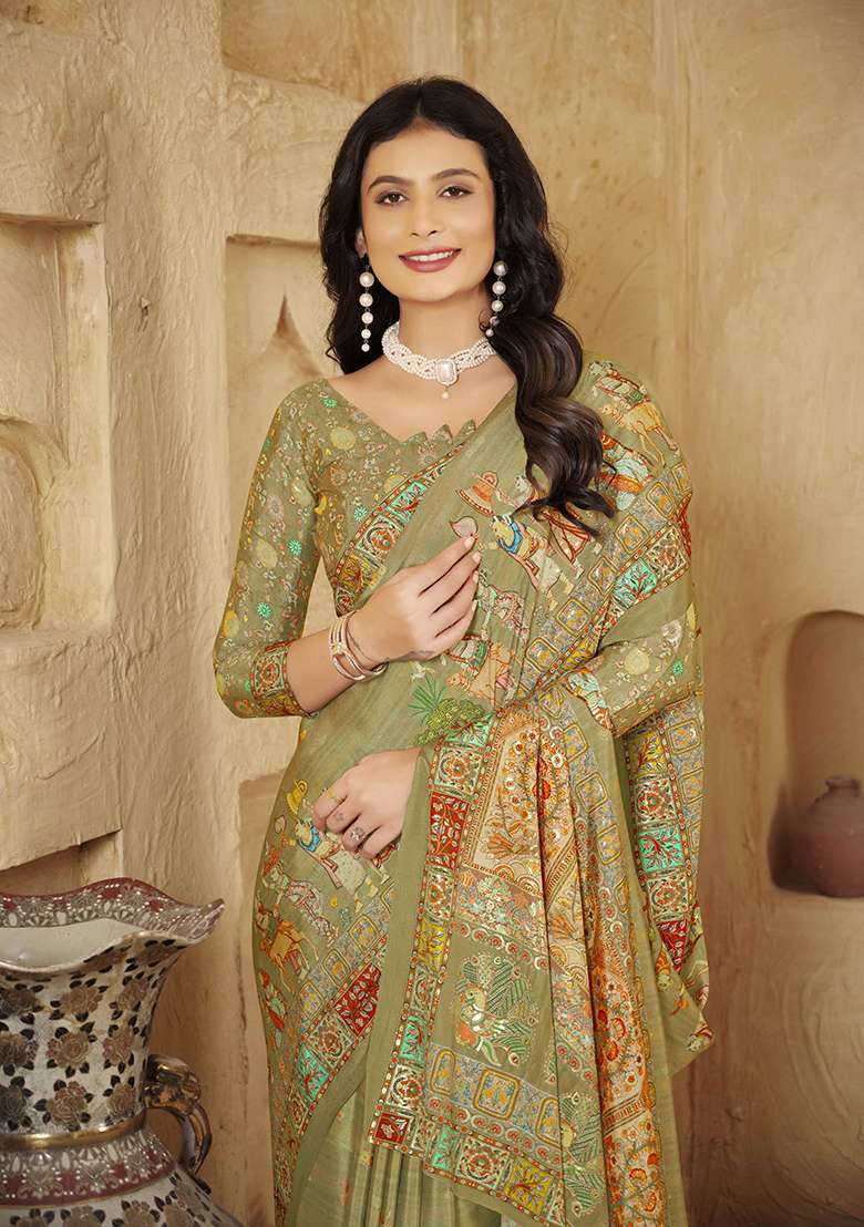 Olive Designer Position Digital Foil Printed Crepe Silk Saree Set - Indya