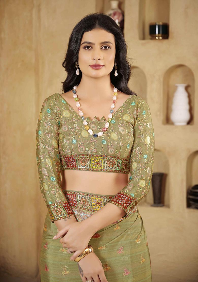 Olive Designer Position Digital Foil Printed Crepe Silk Saree Set