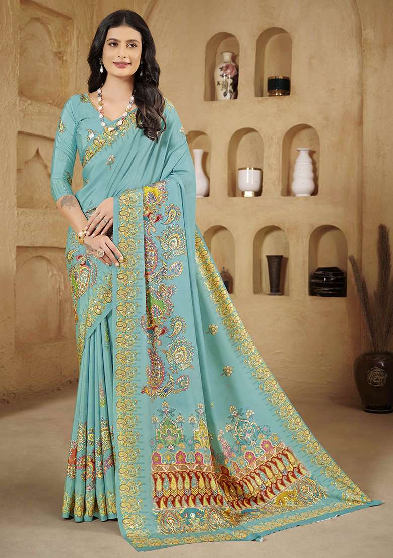 Teal Blue Designer Position Digital Foil Printed Crepe Silk Saree Set - Indya