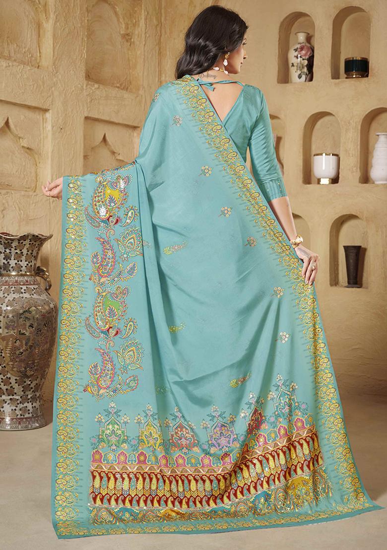 Teal Blue Designer Position Digital Foil Printed Crepe Silk Saree Set