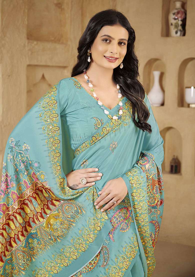 Teal Blue Designer Position Digital Foil Printed Crepe Silk Saree Set - Indya