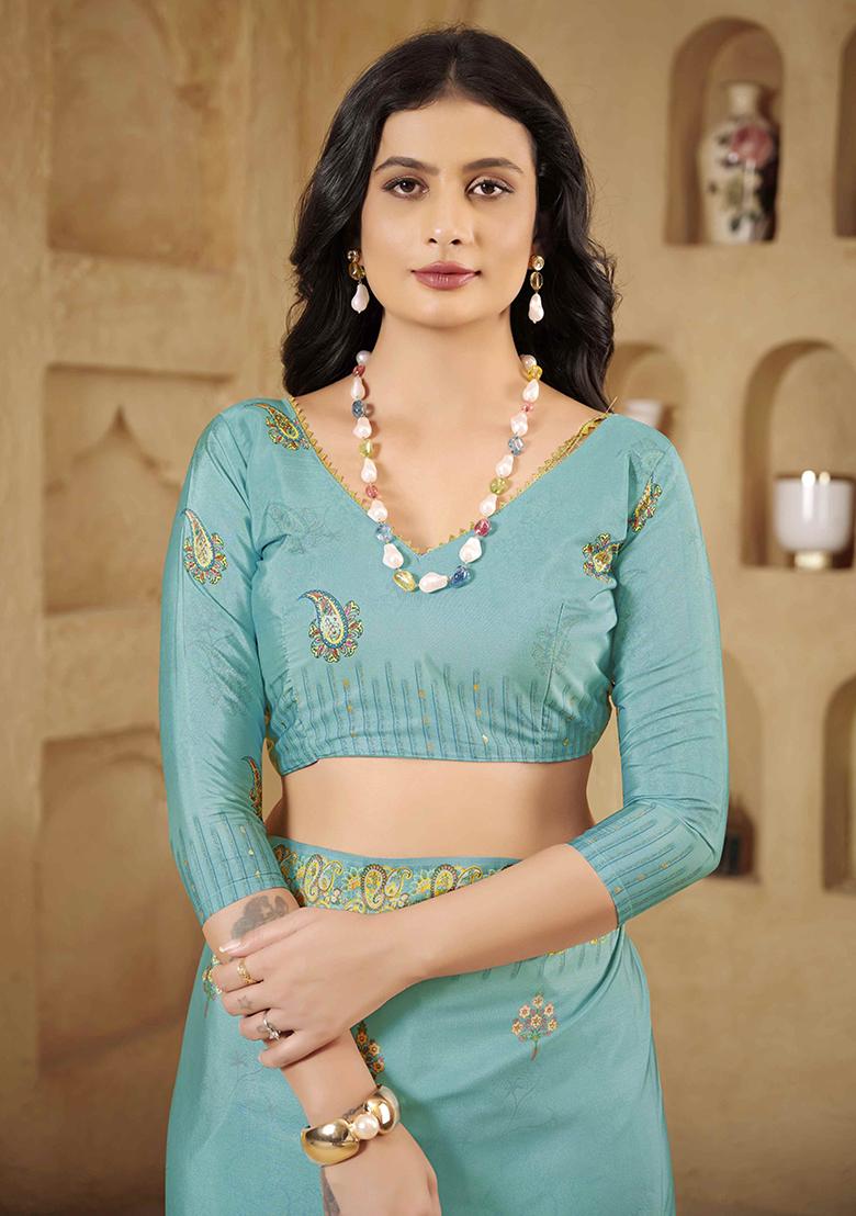 Teal Blue Designer Position Digital Foil Printed Crepe Silk Saree Set