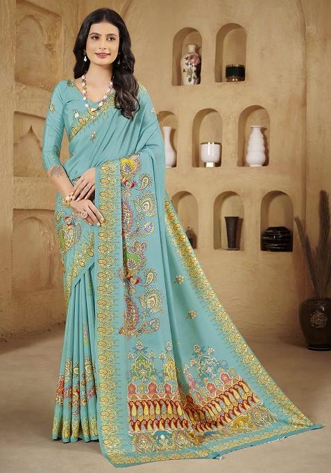 Teal Blue Designer Position Digital Foil Printed Crepe Silk Saree Set