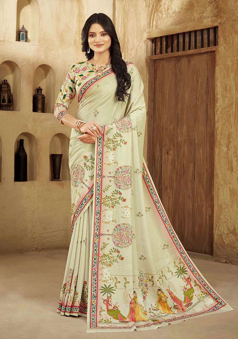 Cream Designer Position Digital Foil Printed Crepe Silk Saree Set - Indya